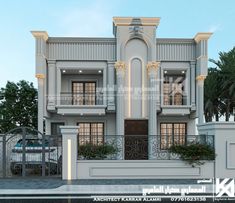 an architectural rendering of a two story house with balconies and balcony railings