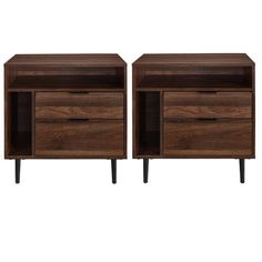 two dark wood nightstands with black legs