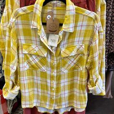 Kori America Cotton Button Down Top - (Sizes Small - Large Available) Nwt Mustard Button-up Casual Top, Mustard Casual Button-up Top, Casual Mustard Button-up Top, Yellow Cotton Tops With Buttons, Yellow Button-up Top For Day Out, Heel Boots, Button Down Shirts, Yellow White, High Heel