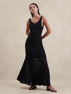 Open-Stitch Lace Maxi Dress | Banana Republic Sling Sleeveless Dress Dark Black Dress Transmitbeauty, Black Crochet Dress, Lace Maxi, Lace Maxi Dress, Black Maxi Dress, Cocktail Dress Party, A Line Skirt, Crochet Dress, Empire Waist