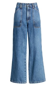 Slanted pockets and a cargo patch pocket lend a utilitarian-inspired style to these wide leg jeans fashioned from nonstretch denim. 28 1/2" inseam, 21" leg opening; 12 1/2" front rise; 16" back rise (size 29) Zip fly with button closure Front slant pockets; cargo patch pocket; back patch pockets 100% cotton Hand wash, dry flat Imported Modern Wide Leg Denim Cargo Jeans, Casual Workwear Cropped Jeans With Patch Pockets, Straight Leg Jeans With Flap Pockets For Work, Casual Cropped Jeans With Patch Pockets For Work, High Rise Utility Jeans With Welt Pockets, Relaxed Fit Cropped Jeans With Patch Pockets, Modern Flare Jeans With Pockets In Rigid Denim, Utility Jeans With Patch Pockets In Rigid Denim, Relaxed Fit Wide Leg Flare Jeans With Patch Pockets