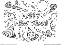 happy new year coloring page with party hats, balloons and confetti on white background