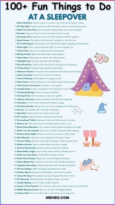 a poster with the words 100 fun things to do at a sleepover