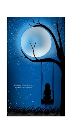 a painting of a person sitting on a swing under a tree with the moon in the background