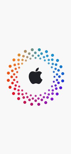 an apple logo with many colors in the center and dots all around it on a white background