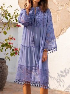 Justfashionnow Summer Dresses 1 Boho Dresses V Neck Holiday Paneled 3/4 Sleeve Dresses Lace Dresses Casual, Vacation Shorts, Basic Dresses, Dress Miss, Boho Dress Short, Dresses Linen, Lace Dress Casual, Long Sleeve Boho Dress, Causal Dresses