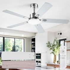 a white ceiling fan in a modern kitchen