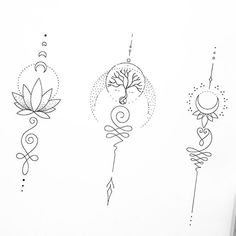 three different designs on the side of a white sheet with pen and ink in it