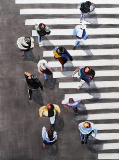 an aerial view of people walking across a crosswalk in the city, from above