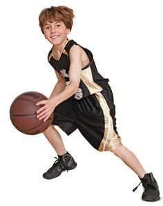 a young boy holding a basketball on top of a white background with the ball in his hand