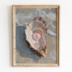 an abstract seashell painting hangs on the wall