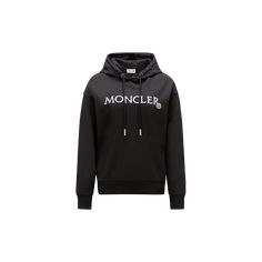 A Moncler classic, this hoodie is embellished with an embroidered logo across the chest. The loose fit sweatshirt is crafted from lightweight jersey and fleece. Luxury Cotton Hoodie Sweatshirt, Luxury Black Sweatshirt With Embroidered Logo, Luxury Hoodie With Drawstring Hood For Streetwear, Luxury Sweatshirt With Drawstring Hood, Luxury Hooded Sweatshirt With Ribbed Cuffs, Luxury Long Sleeve Logo Sweatshirt, Luxury Logo Long Sleeve Sweatshirt, Luxury Sweatshirt With Drawstring Hood For Streetwear, Luxury Streetwear Hoodie With Logo Detail