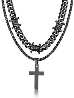 PRICES MAY VARY. 🖤 Necklaces Set: 20 Inches Black Color Barbed Wire Choker + 22 Inches Cross Pendant Necklace 🖤 Top Quality Material: NO ALLOY---Made with durable 316L stainless steel, superb plating on surface, no color-fading, friendly to skin, you will feel the weight and texture. 🖤 Made for both women and men who are favor of gothic punk style, or have a fierce strong personality, it will be a great matching daily jewelry. 🖤 Dimension: Barbed wire chain width: 9mm, length: 20"+2"(50.8cm+ Barbed Wire Chain, Skull Choker, Wire Choker Necklace, Punk Style Outfits, Wire Choker, Cuban Necklace, Necklaces Set, Necklace Top, Strong Personality