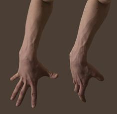 two hands reaching for each other with their fingers extended to the ground, in front of a brown background