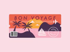 the bon voyage sticker is shown on a pink background with mountains and palm trees