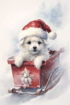 a painting of a dog in a sleigh with a santa hat on it's head