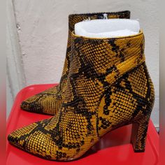 Nwd Slight Scuffs At Bottom Yellow Round Toe Heels For Fall, Yellow Closed Toe Heels For Fall, Yellow Leather Ankle-high Boots, Yellow Leather Heels For Fall, Yellow High Heel Shoes For Fall, Yellow High Heel Boots For Party, Yellow High Heel Party Boots, Yellow High Heel Heels For Fall, Yellow High Heels For Fall