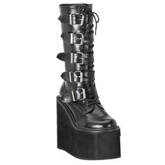 They’ll Be Afraid To Say You Name Out Loud With The Assassinatrix Platform Boots From Demonia. These Killer Festival Boots Feature A Black Vegan Leather Upper, Lace Up Front, Buckle Strap Details, And Interior Zipper Closure. Theres No One More Cold Blooded Than You. 5 1/2" (14cm) Wedge Platform Vegan Pu Leather Cyber Punk 5 Buckle Platform Full Back Zipper Black Black Hologram Shoes, Demonia Platforms, Demonia Boots, Women's Mid Calf Boots, Alternative Shoes, Gothic Boots, Goth Shoes, Goth Boots, Demonia Shoes