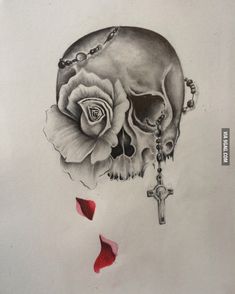 a drawing of a skull with a rose on it and a cross in the middle