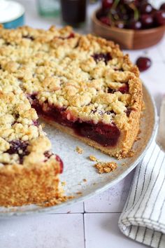 a pie on a plate with one slice missing