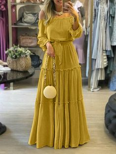 Wrap Falbala Solid Color Off-The-Shoulder Maxi Dresses YELLOW-XL Strapless Long Dress, Maxi Dress Outfit, Ruffled Maxi Dress, Women Long Dresses, Dress C, Beach Dresses, Belted Dress, Long Maxi Dress, Fall Dresses