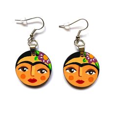 Frida Earrings, Frida-Earrings, Mexican Jewelry, Mexican Folk Art, Mexican Art, Wearable Art, Artwear, Women Earrings, Hand Painted Wooden Earrings, Handcrafted Jewelry, Hand Painted Earrings, Aretes de Mujer, Art-to-Wear Jewelry, Aretes de Frida-Maniacs Pintados a Mano, Fridamania Hey! Hello It's nice to have you aroundWelcome to our shop. ¡Bienvenidos Are you looking for a unique, colorful, stylish and cool gift for that special person out there or for yourself?    Well, let me tell you something. You're in the right place at the right timeWe have the most beautiful, original, uniquely designed, fashionable, handcrafted/hand painted gift ideas for you or that special Frida fan you might know out there...  The listing is for a fabulous and chick handmade and handcrafted and hand painted w Artsy Drop Earrings, Hand Painted Dangle Jewelry, Artistic Hand Painted Earrings, Artistic Orange Jewelry With Matching Earrings, Artistic Orange Earrings With Ear Wire, Hand Painted Adjustable Drop Earrings, Traditional Hand Painted Earrings, Artistic Hand Painted Flower Earrings, Polymer Clay Frida Kahlo