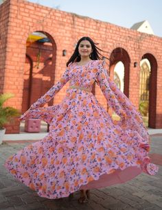 "Premium Readymade Designer Gown-Dupatta Collections* 💃🏼 🥰 *Faux Georgette with unique Flower Print and pure fabric Georgette gown are suitable for Any occasions as well as for casual-wear also it is a great fabric especially for gown Lovers*💗 *#Gownlove*💕                    *Code:- KA-1012*  Gown:- 👉🏻 *Fabrics & Work :-* Faux Georgette With Rich Flower Digital Print work 👉🏻 *Size :-* *S(36\"),M(38\"),L(40\"),XL(42\"),XXL(44\")* 👉🏻 *Sleeves :-* Full sleeves 👉🏻 *Length :-* 56 Inch 👉🏻 *Flair :-* 8 Meter 👉🏻 *Lining(Inner) :-* Crepe silk (full upto bottom)   👉🏻 *Dupatta:- 👉🏻 *Dupatta Fabric :-* Georgette with Flower rich digital Print 👉🏻 *Dupatta Length :-* 2.25 Meter 👉🏻 *Belt* : Fancy Belt  👉🏻 *Package Contains:-* Gown, Dupatta, Belt 👉🏻 *Weight : 0.800 kg*" Flowy Full-length Party Dress, Pink Chiffon Floor-length Dress, Semi-stitched Floral Print Floor-length Gown, Designer Ankle-length Dresses For Eid, Multicolor Long Sleeve Gown For Party, Long Sleeve Multicolor Gown For Party, Long Floral Print Dresses For Eid, Floral Print Gown For Festive Party, Festive Floral Print Gown For Party