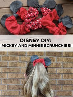 the back of a woman's head wearing minnie mouse ears with text overlay that reads, disney diy mickey and minnie scrunches