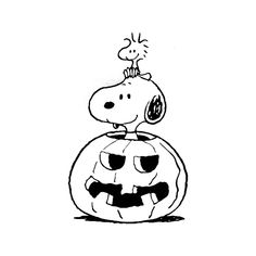 a black and white drawing of a pumpkin with a dog sitting on top of it