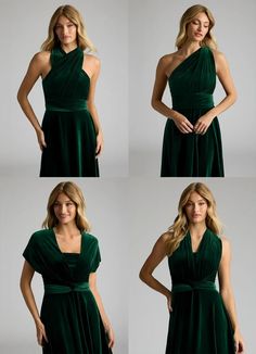 four different pictures of a woman wearing a green dress