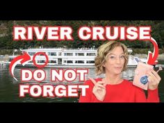 a woman in red shirt holding up a cell phone with river cruise written on it