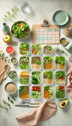 a table topped with lots of different types of food next to bowls and utensils