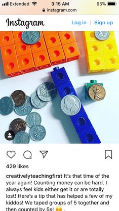 an instagram page with legos and coins on it, including two different colored blocks