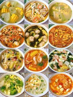 many different bowls of soup and vegetables are shown in this collage with the same image