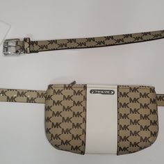 Michael Kors Women's Belt Bag, Brown / White, Small/Medium 38-44 Inches, New. White Rectangular Shoulder Bag With Logo, Classic White Bags With Logo, White Logo Rectangular Shoulder Bag, White Rectangular Logo Shoulder Bag, Michael Kors Casual Bags With Branded Hardware, Classic White Pouch Shoulder Bag, White Bags With Logo For Daily Use, White Rectangular Bag With Logo, Casual White Bags With Logo