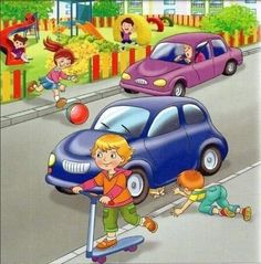 children playing in the street with cars and skateboards