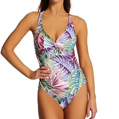 Super Flattering Swimsuit With Palm Leaf Pattern With Twist Front And Back. Adjustable Straps, Removable And Quick Drying Pads, Fully Lined. 7 Summer Tropical Resortwear Vacation Cruise Palm Leaf Multicolor Beach Pool Purple V-neck Swimwear With Lined Body, Purple V-neck Stretch Swimwear, Off The Shoulder Swimsuit, Sleeve Swimsuit, Plunge Swimsuit, Flattering Swimsuits, Plus Size One Piece, Floral One Piece Swimsuit, Halter One Piece Swimsuit