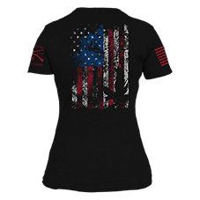 Proudly display the red, white, and blue with the Grunt Style\u00ae Freedom Flag Short-Sleeve Tee for Ladies. It showcases a distressed eagle-silhouette graphic on the right chest and a large, distressed American flag graphic on the back. There's also a smaller American flag on one sleeve and a Grunt Style logo on the other for even more patriotic flair. Soft 100% combed, ringspun cotton keeps you comfortable no matter where the day takes you. Smooth tagless neck label provides an itch-free fit. Red Short Sleeve Tops Made In Usa, Fitted Flag Print Short Sleeve Tops, Casual Black Tops For 4th Of July, Americana Style Short Sleeve Tops With American Flag, Fitted Cotton Tops With Flag Print, Casual Black Top With Flag Print, American Flag Crew Neck T-shirt, Patriotic Black Top With Flag Print, Patriotic Red Top With American Flag