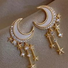 Star Moon Earrings Gold Moon Shaped Earrings For Party, Gold Moon-shaped Earrings For Party, Gold Moon-shaped Party Earrings, Star And Moon Earrings, Star Dangle Earrings, Edgy Jewelry, Witchy Jewelry, Gold Moon, Long Dangle Earrings