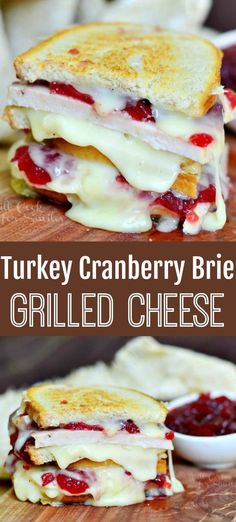 turkey cranberry brie grilled cheese sandwich on a cutting board with sauce