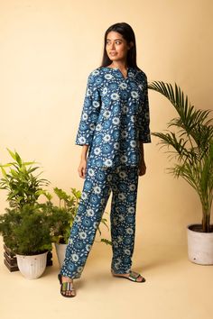 Hand stitched collection of soft  and comfortable pyjama's made  of pure cotton fabric  sourced from Jaipur, India with block print designs .  The Apparels are designed by  two women entrepreneurs  who believe that that all women were created infinitely beautiful and they with their  versatile creations sprinkle a little Star dust.  These light weight cotton  Pajama sets are  lounging must haves giving  you a warm ,cosy and comfortable feel. Sizes -    Inches XS   Bust            41 Cotton Matching Set Sleepwear For Home, Cotton Sleepwear Matching Set For Home, Cotton Loungewear Pant Set, Cotton Relaxed Fit Pajama Sets, Printed Relaxed Fit Sets For Home, Blue Printed Cotton Sleepwear, Cotton Matching Set With Relaxed Fit, Relaxed Fit Cotton Matching Set, Blue Cotton Kurta With Relaxed Fit