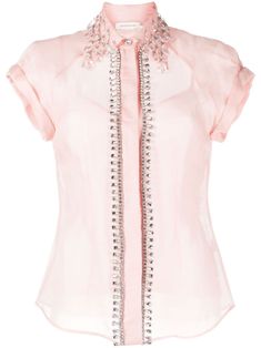 blush pink linen-silk blend straight-point collar short sleeves concealed front fastening crystal embellishment straight hem Water Consumption, Blouse For Women, Eco Friendly Fashion, Pink Linen, Elegant Chic, Crystal Embellishment, Harmful Chemicals, Dress Pant, Pink Blouse