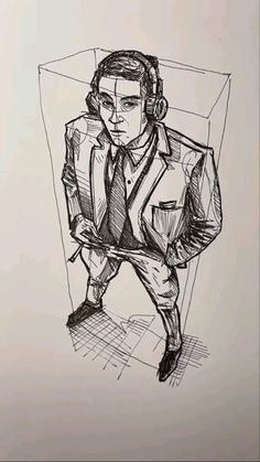 a drawing of a man with headphones on his ears, in a suit and tie