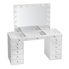 a white vanity with drawers and lights on it