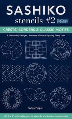 the book cover for sashiko stencils 2, featuring various designs and instructions