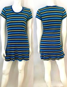 Vintage 90's Blue, Striped, Ribbed Dress by Xhilaration (S) by Freshandswanky on Etsy Casual Striped Ribbed Mini Dress, Striped Fitted Cotton Mini Dress, Fitted Striped Cotton Mini Dress, Casual Ribbed Fitted Mini Dress, Casual Striped Stretch Mini Dress, Fitted Blue Mini Dress With Crew Neck, Ribbed Dress, 90s Dress, Ribbed Dresses