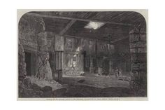 an old black and white drawing of a room with stone walls, fireplaces and windows