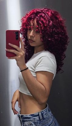 Red Wine Curly Hair, Curly Red Hair Aesthetic, Long Red Curly Hair, Dyed Curly Hair, Peekaboo Hair, Red Curly Hair, Colored Curly Hair, Curly Hair Inspiration, Curly Girl Hairstyles