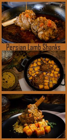 four different pictures of food being cooked in pans