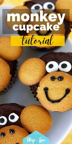 some cupcakes with googly eyes on them and the words monkey cupcake